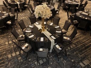 A large table with many chairs and tables